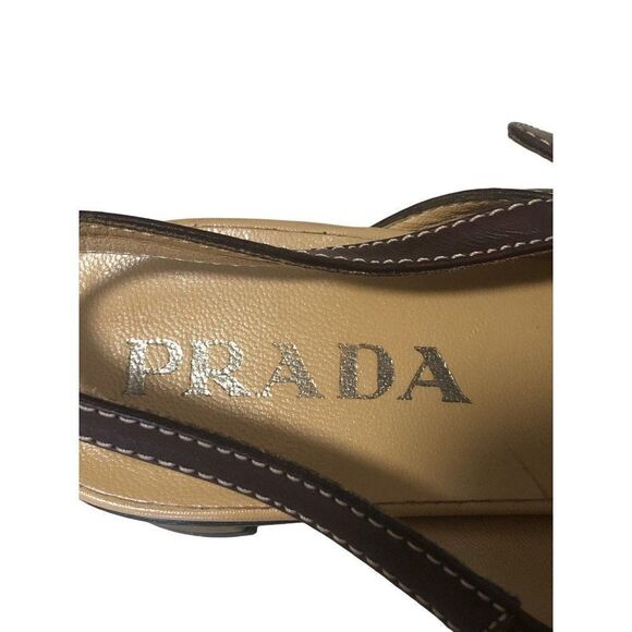 PRADA Sandals Crisscross Slingback Heels Leather Nylon Brown Size 36.5 - Picture 7 of 9